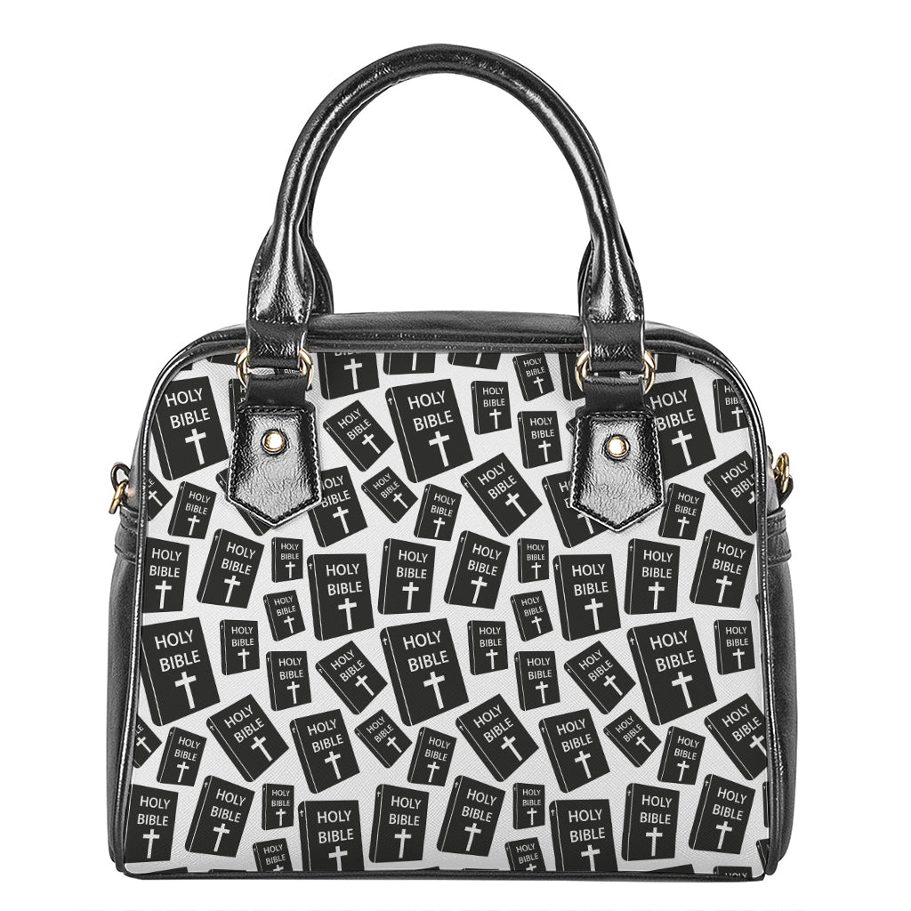 Black And White Holy Bible Pattern Print Shoulder Handbag