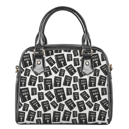 Black And White Holy Bible Pattern Print Shoulder Handbag