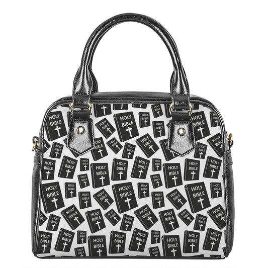 Black And White Holy Bible Pattern Print Shoulder Handbag