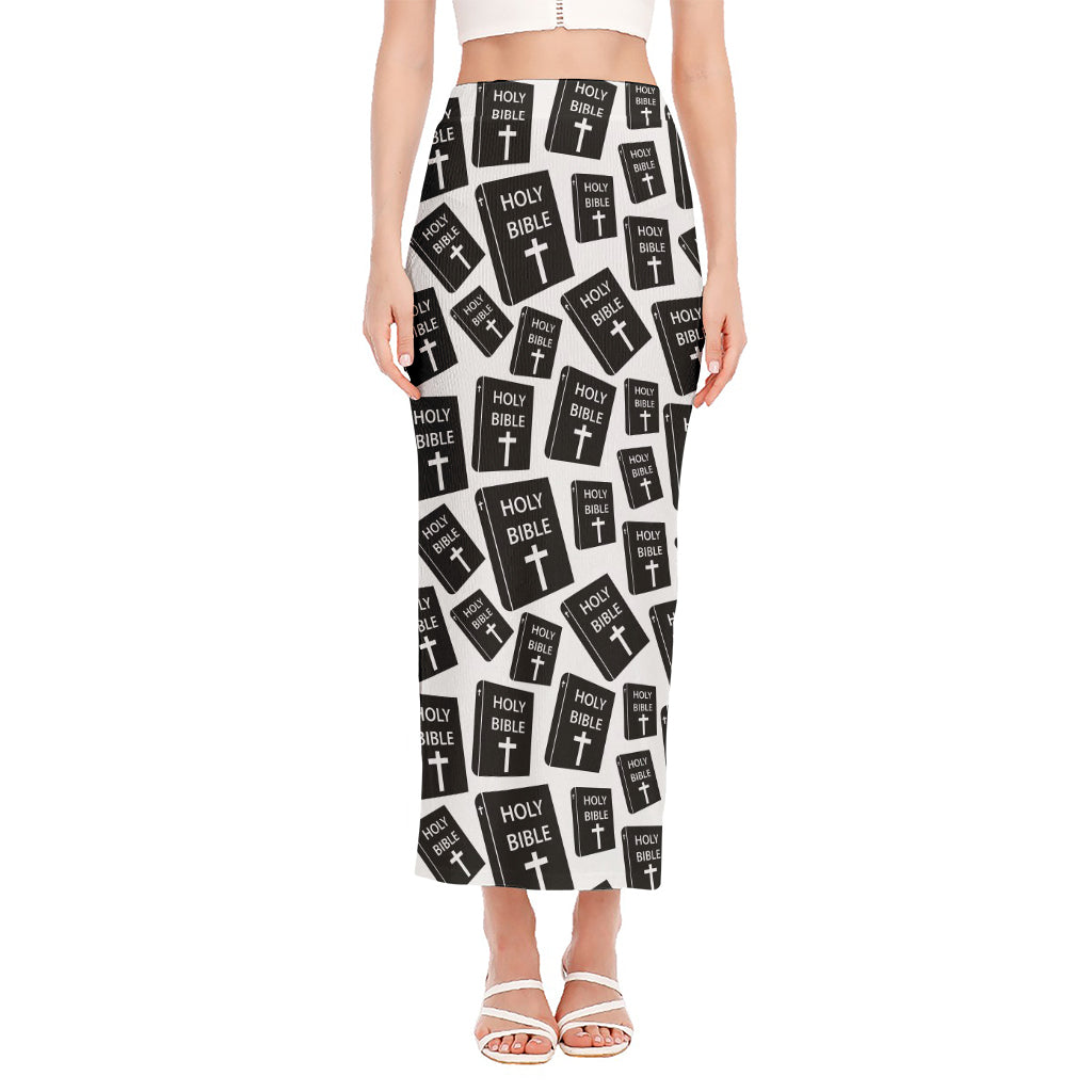 Black And White Holy Bible Pattern Print Side Slit Maxi Skirt