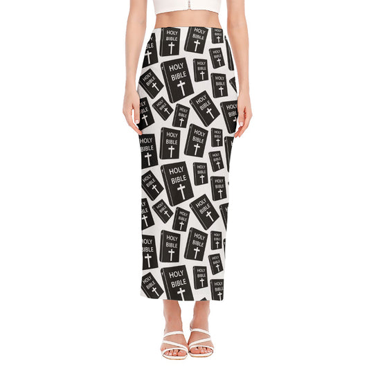 Black And White Holy Bible Pattern Print Side Slit Maxi Skirt