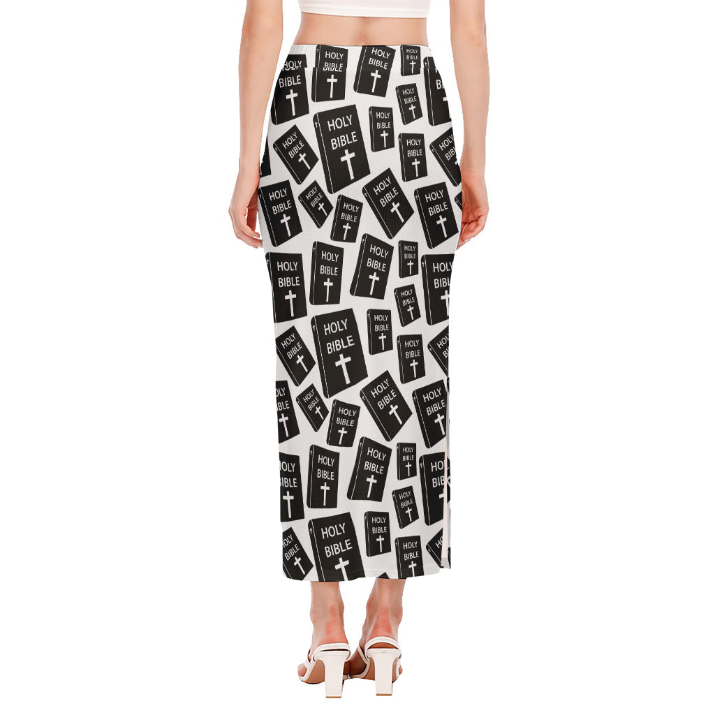 Black And White Holy Bible Pattern Print Side Slit Maxi Skirt