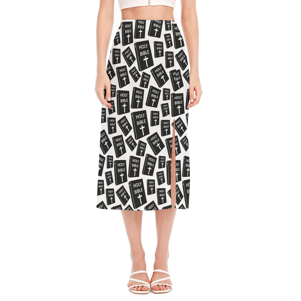 Black And White Holy Bible Pattern Print Side Slit Midi Skirt