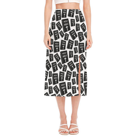 Black And White Holy Bible Pattern Print Side Slit Midi Skirt