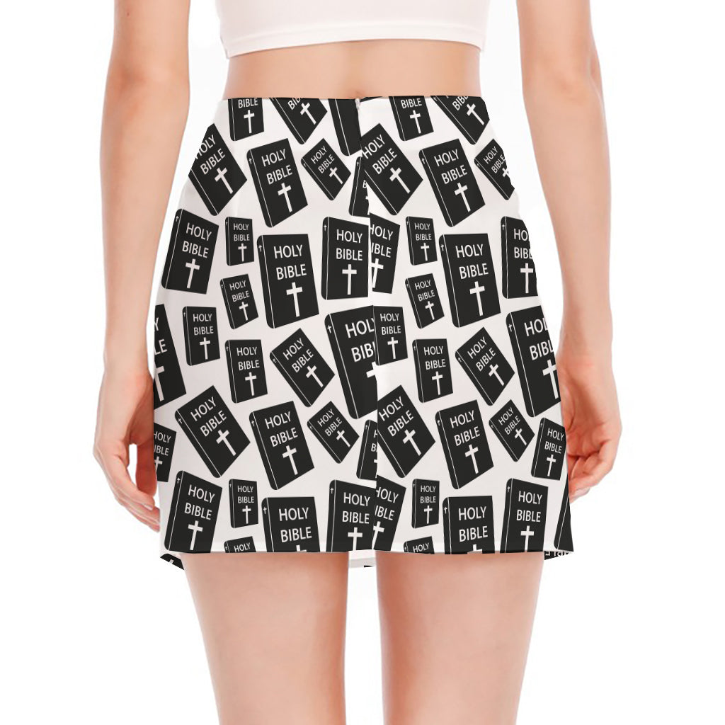 Black And White Holy Bible Pattern Print Side Slit Mini Skirt
