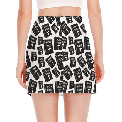 Black And White Holy Bible Pattern Print Side Slit Mini Skirt