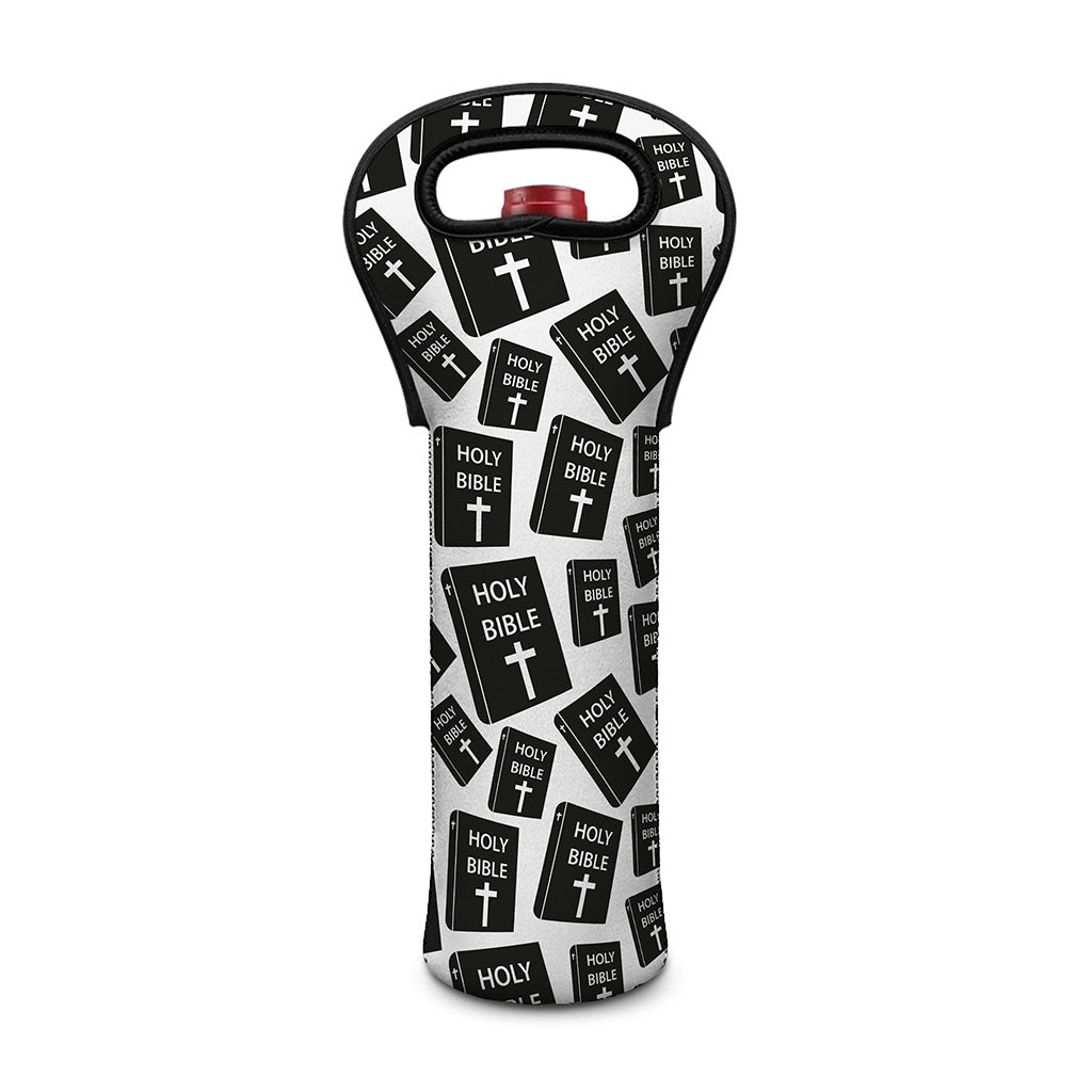 Black And White Holy Bible Pattern Print Single Neoprene Wine Tote