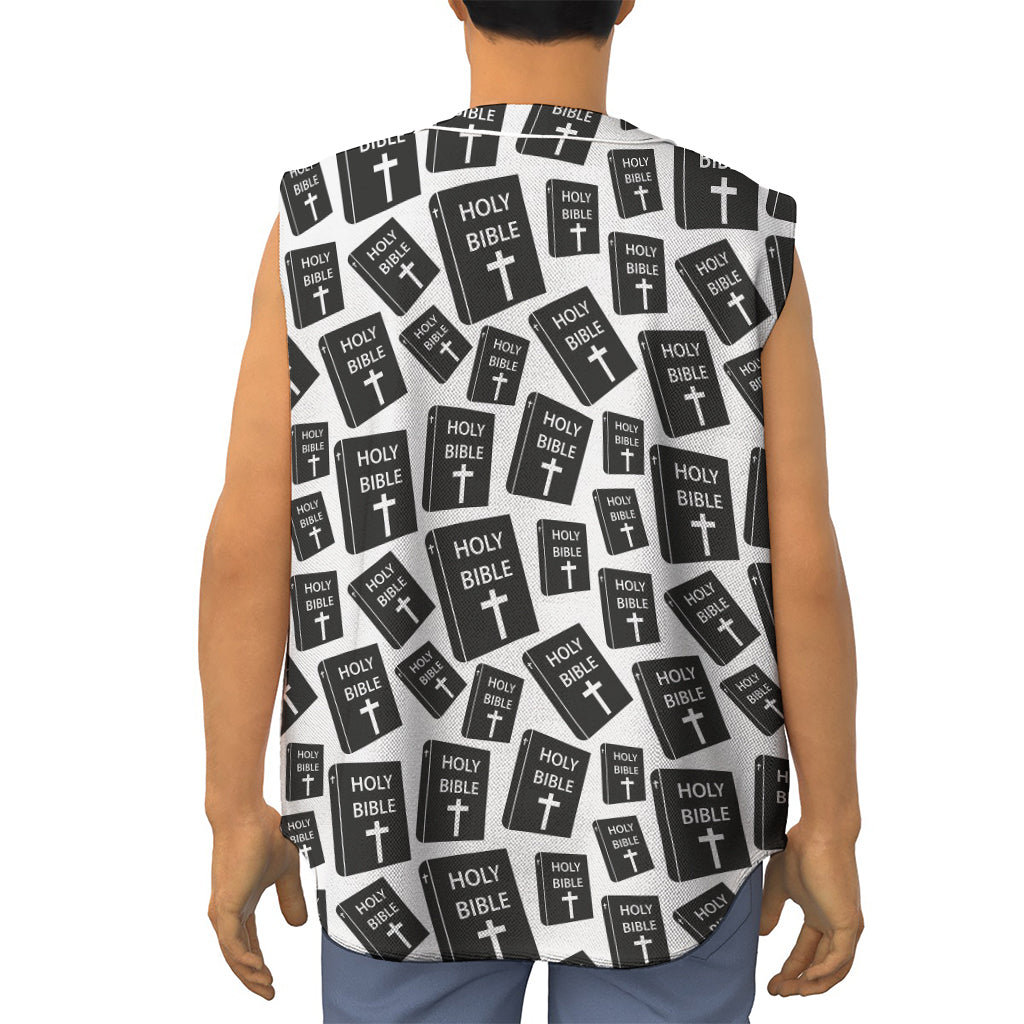Black And White Holy Bible Pattern Print Sleeveless Baseball Jersey