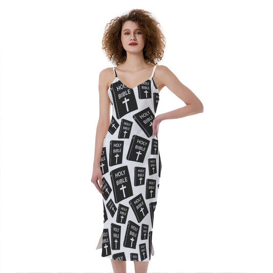 Black And White Holy Bible Pattern Print Slim Fit Midi Cami Dress