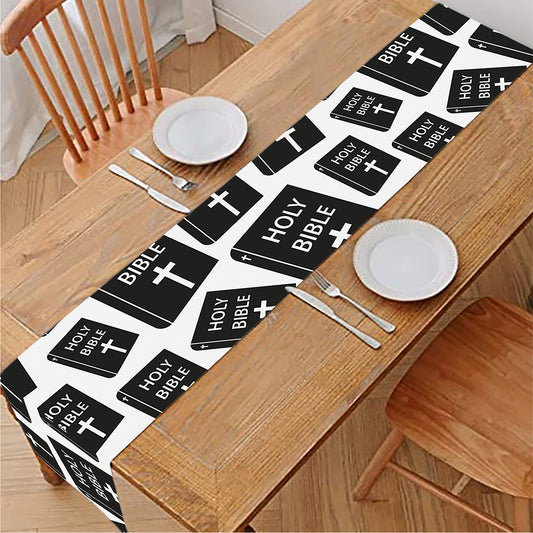 Black And White Holy Bible Pattern Print Table Runner