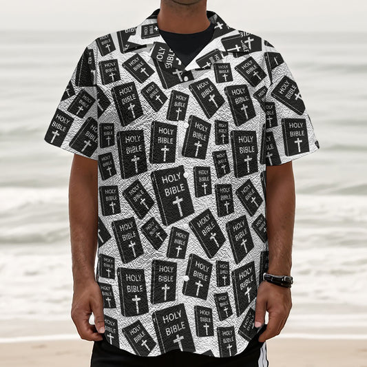 Black And White Holy Bible Pattern Print Textured Short Sleeve Shirt