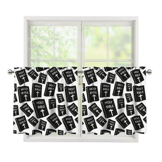 Black And White Holy Bible Pattern Print Tier Curtains