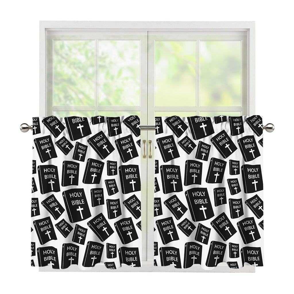 Black And White Holy Bible Pattern Print Tier Curtains