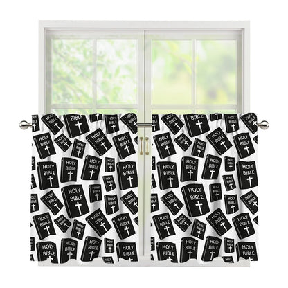 Black And White Holy Bible Pattern Print Tier Curtains