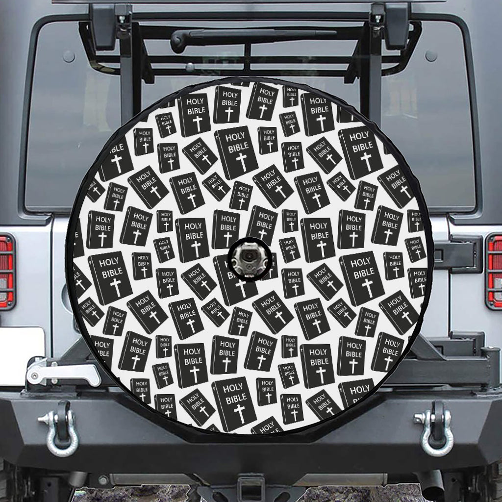 Black And White Holy Bible Pattern Print Tire Cover With Camera Hole