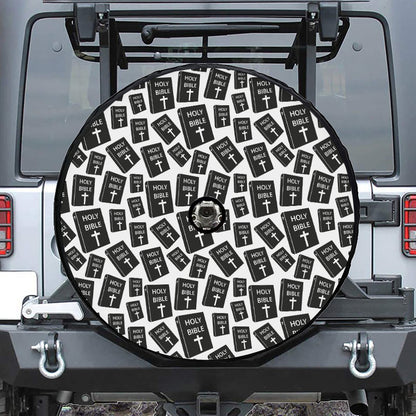 Black And White Holy Bible Pattern Print Tire Cover With Camera Hole