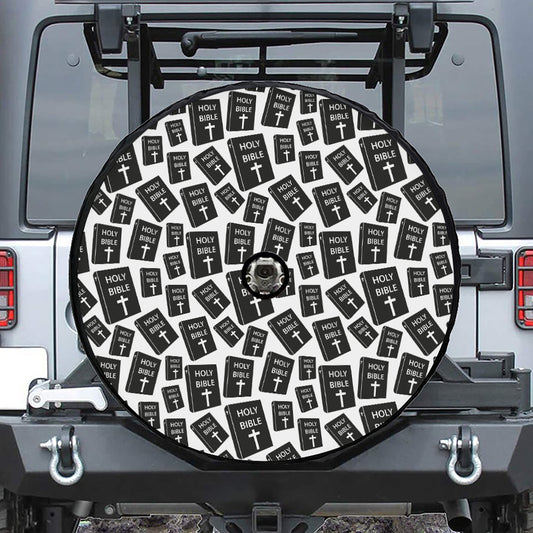 Black And White Holy Bible Pattern Print Tire Cover With Camera Hole