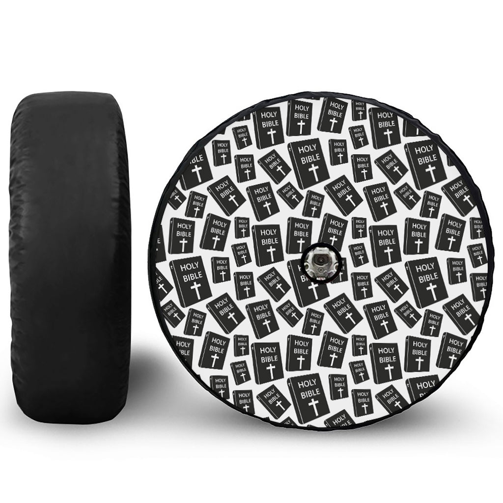 Black And White Holy Bible Pattern Print Tire Cover With Camera Hole