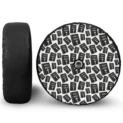 Black And White Holy Bible Pattern Print Tire Cover With Camera Hole