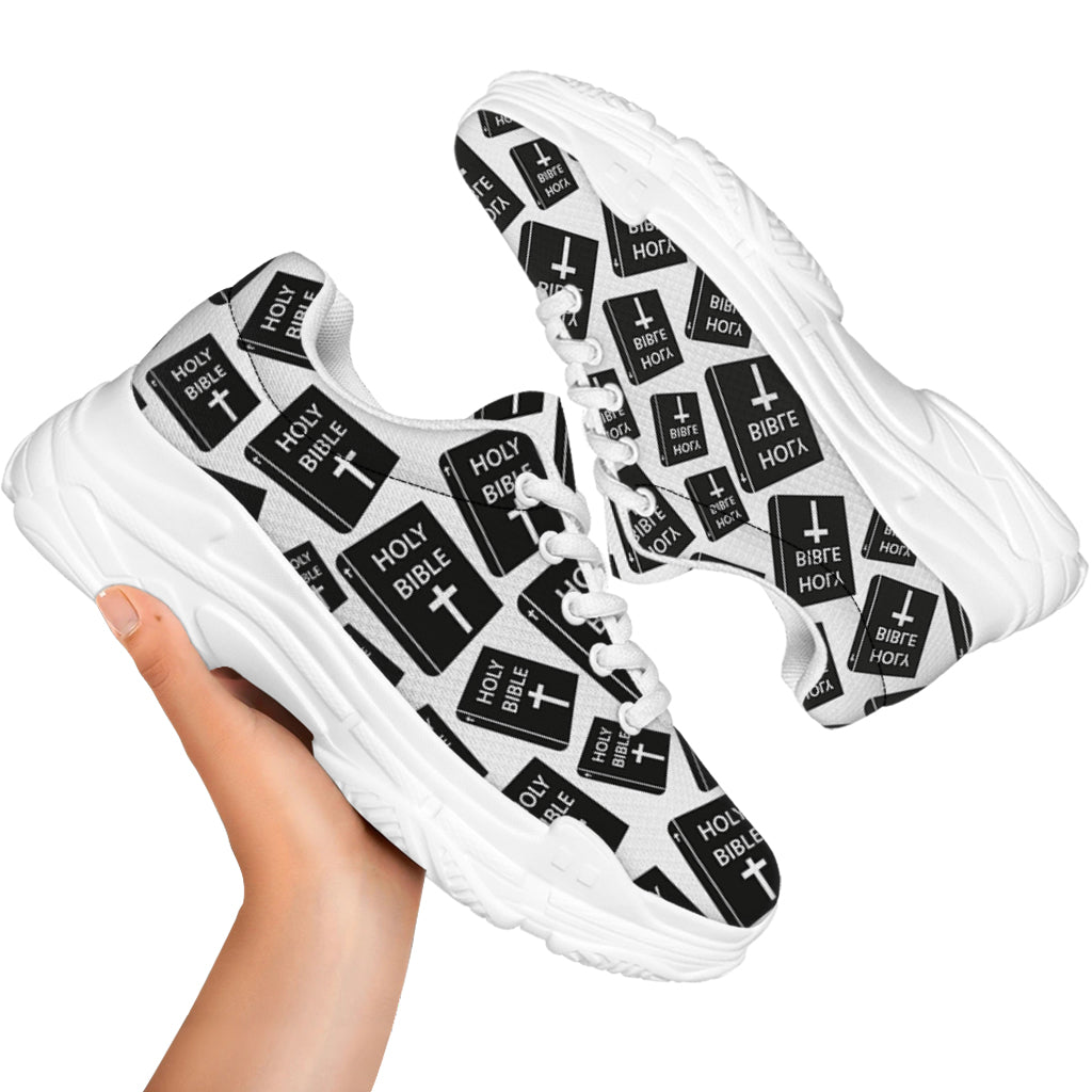 Black And White Holy Bible Pattern Print White Chunky Shoes