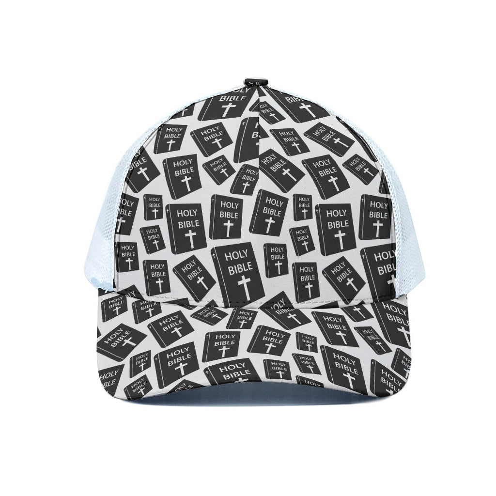 Black And White Holy Bible Pattern Print White Mesh Trucker Cap