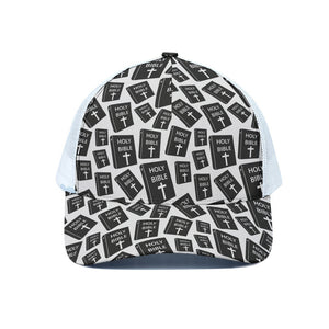 Black And White Holy Bible Pattern Print White Mesh Trucker Cap