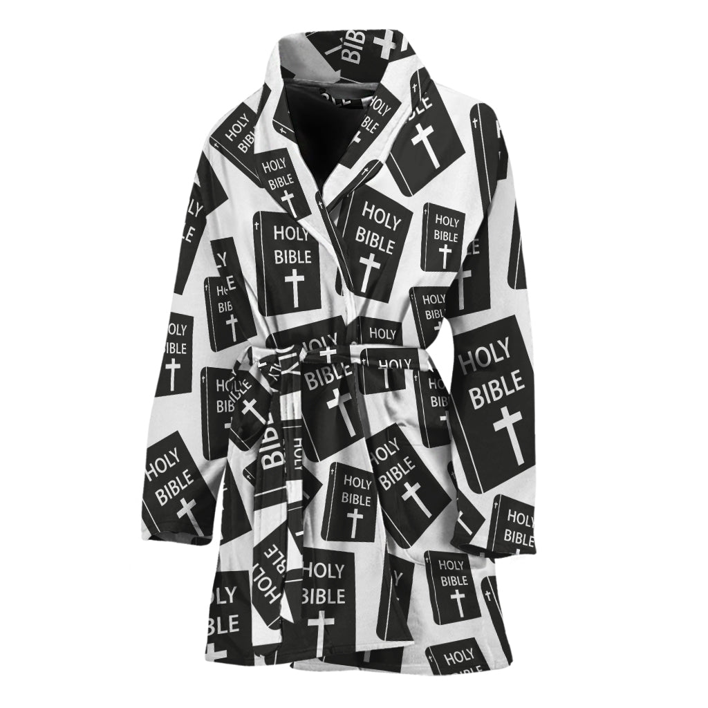 Black And White Holy Bible Pattern Print Women's Bathrobe