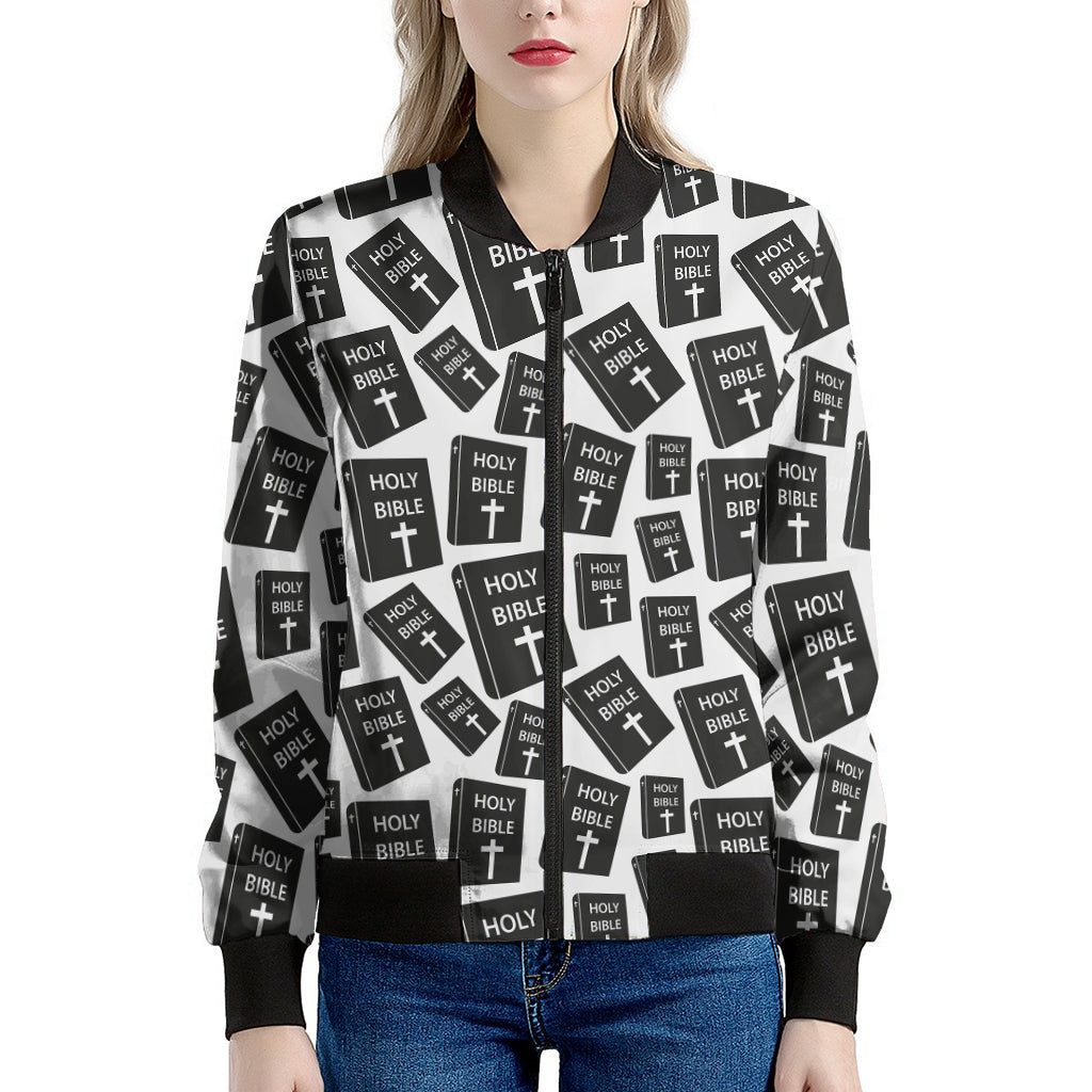 Black And White Holy Bible Pattern Print Women's Bomber Jacket