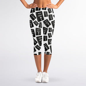 Black And White Holy Bible Pattern Print Women's Capri Leggings