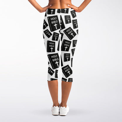 Black And White Holy Bible Pattern Print Women's Capri Leggings