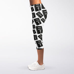 Black And White Holy Bible Pattern Print Women's Capri Leggings