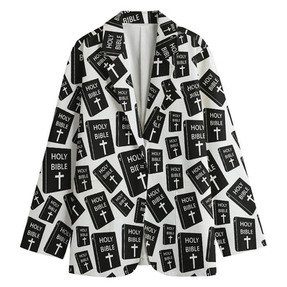 Black And White Holy Bible Pattern Print Women's Cotton Blazer