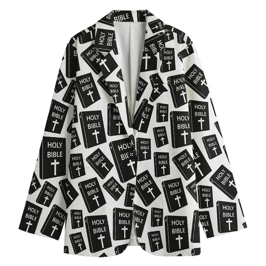 Black And White Holy Bible Pattern Print Women's Cotton Blazer