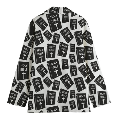 Black And White Holy Bible Pattern Print Women's Cotton Blazer