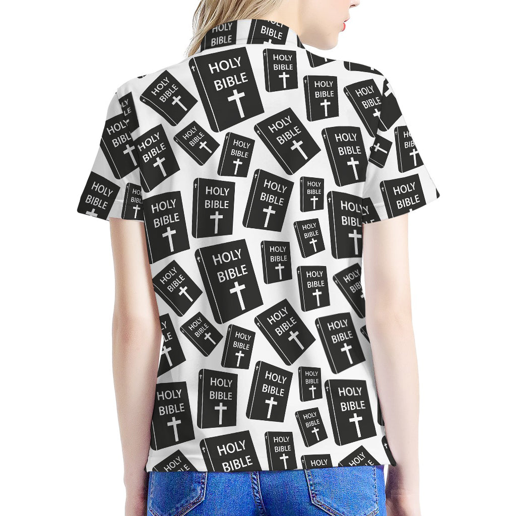 Black And White Holy Bible Pattern Print Women's Polo Shirt