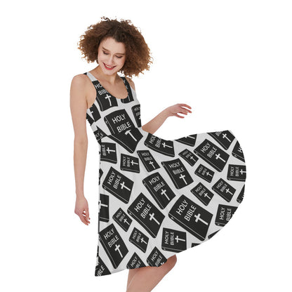 Black And White Holy Bible Pattern Print Women's Sleeveless Dress