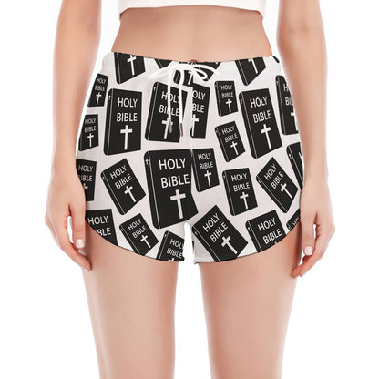 Black And White Holy Bible Pattern Print Women's Split Running Shorts