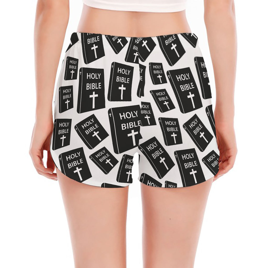 Black And White Holy Bible Pattern Print Women's Split Running Shorts