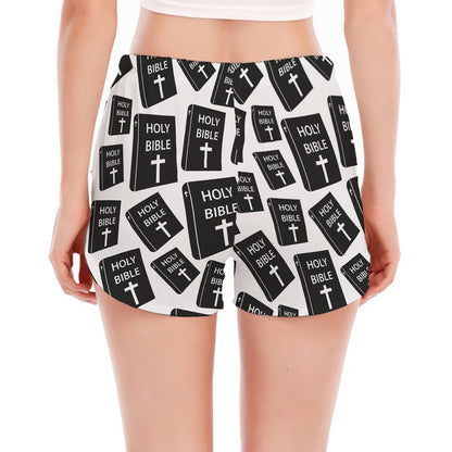 Black And White Holy Bible Pattern Print Women's Split Running Shorts