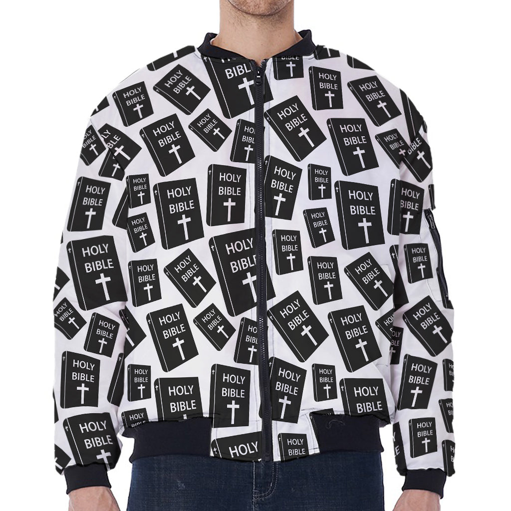 Black And White Holy Bible Pattern Print Zip Sleeve Bomber Jacket