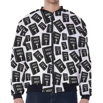 Black And White Holy Bible Pattern Print Zip Sleeve Bomber Jacket