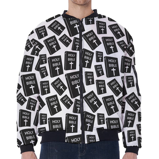 Black And White Holy Bible Pattern Print Zip Sleeve Bomber Jacket