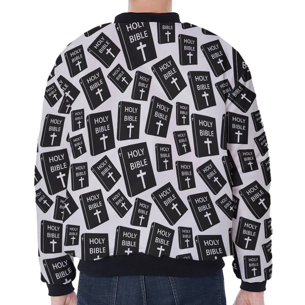 Black And White Holy Bible Pattern Print Zip Sleeve Bomber Jacket