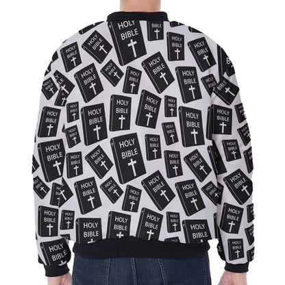 Black And White Holy Bible Pattern Print Zip Sleeve Bomber Jacket