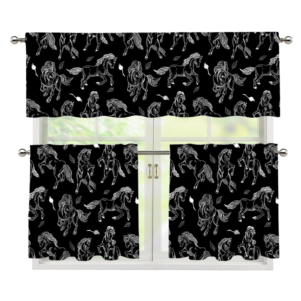 Black And White Horse Pattern Print 3 Piece Kitchen Curtains