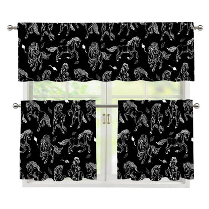 Black And White Horse Pattern Print 3 Piece Kitchen Curtains