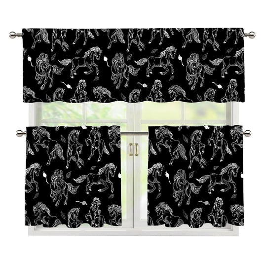 Black And White Horse Pattern Print 3 Piece Kitchen Curtains