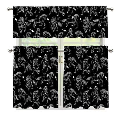 Black And White Horse Pattern Print 3 Piece Kitchen Curtains