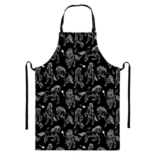 Black And White Horse Pattern Print Bib Apron With Pocket
