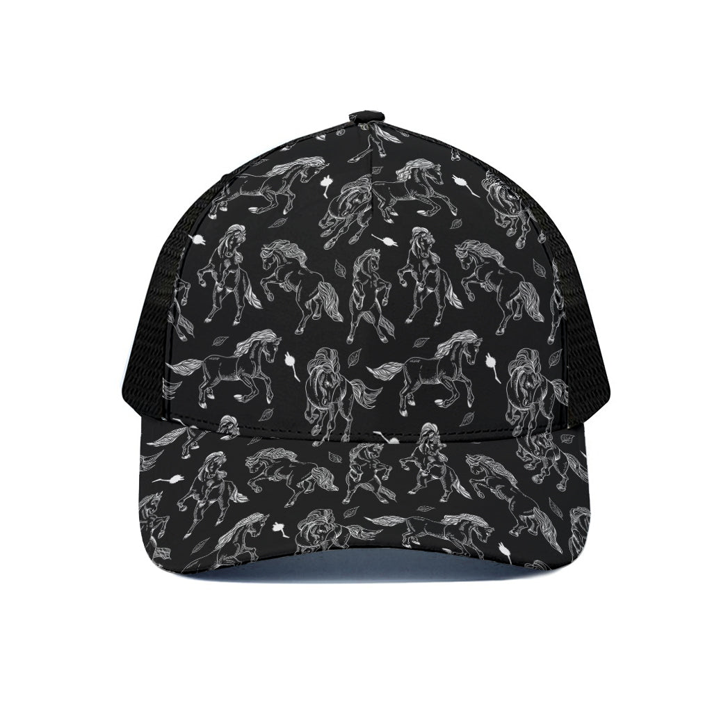 Black And White Horse Pattern Print Black Mesh Trucker Cap
